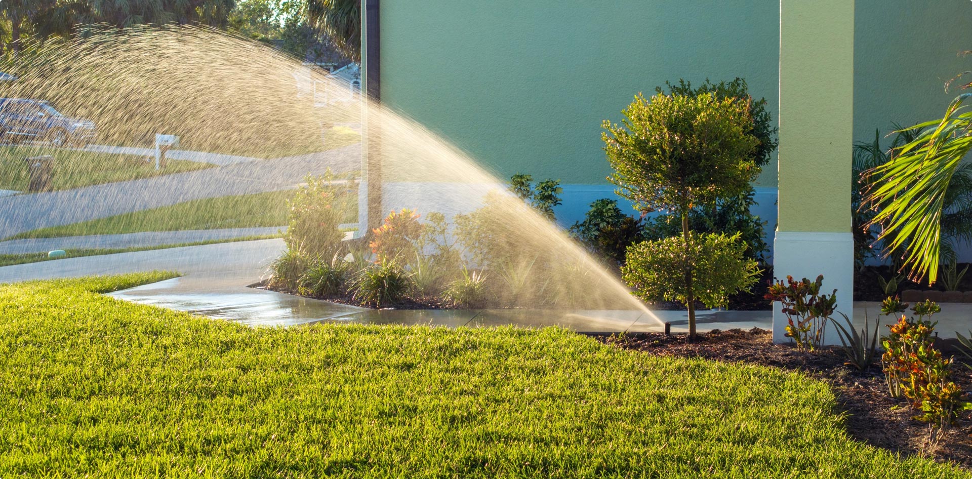 Irrigation system watering lawn