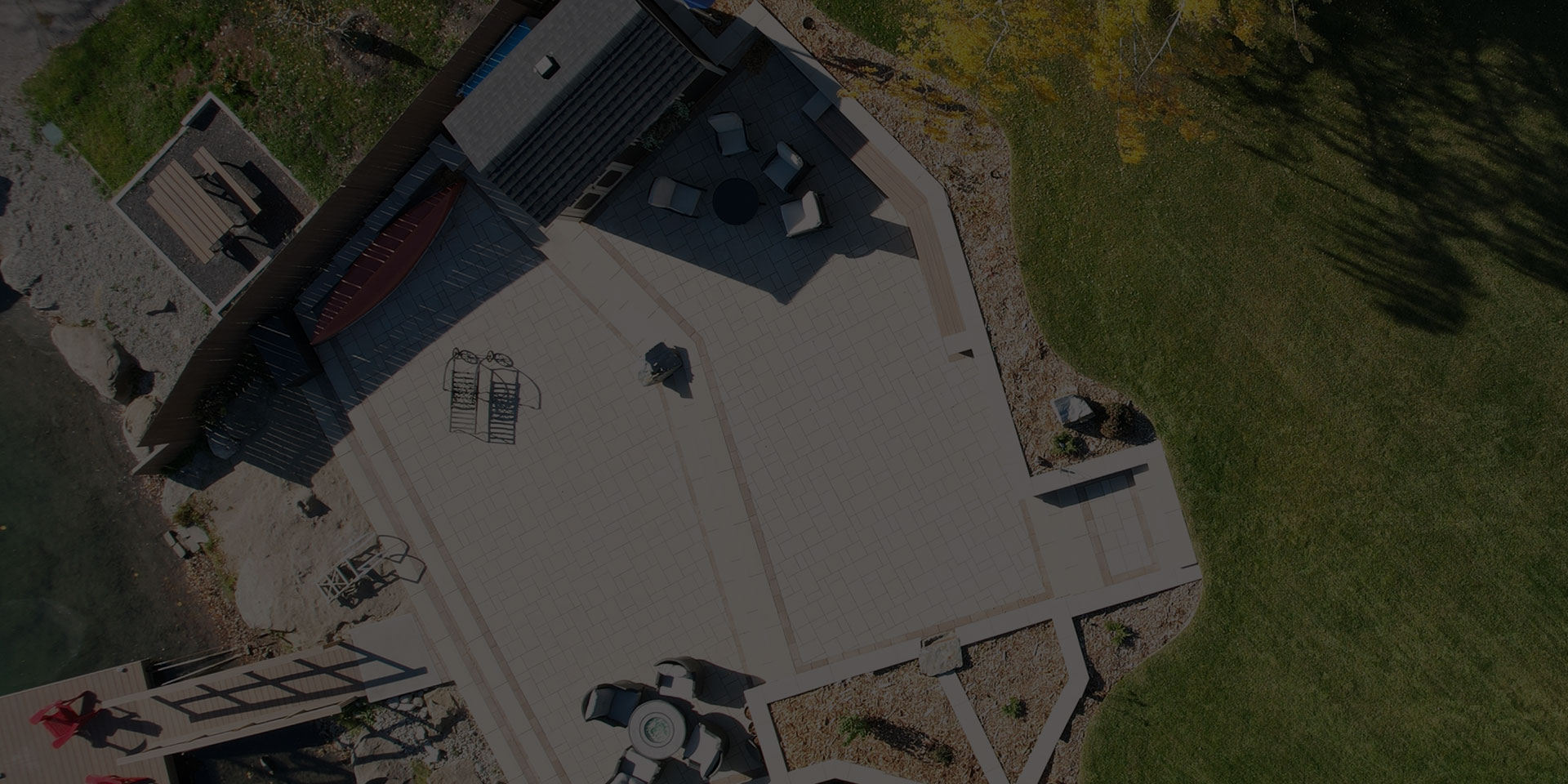 Overhead of landscaped backyard patio